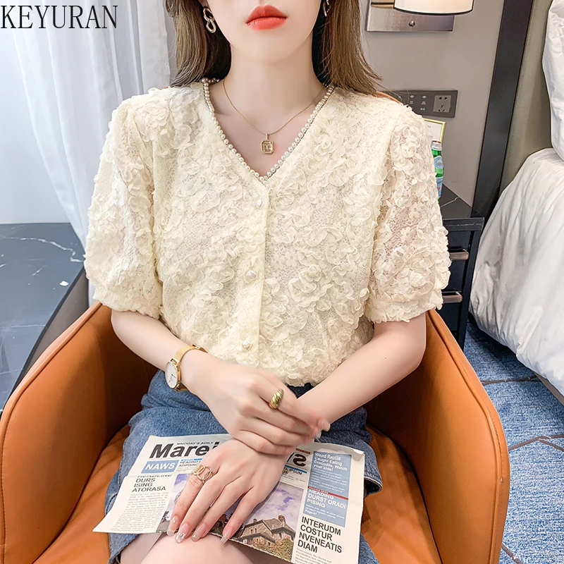 

Chiffon Lace Shirts Women's 2022 Summer New Korean Chic Peals Beading Short Sleeve Blouse V-neck Elegant Cardigan Women Tops