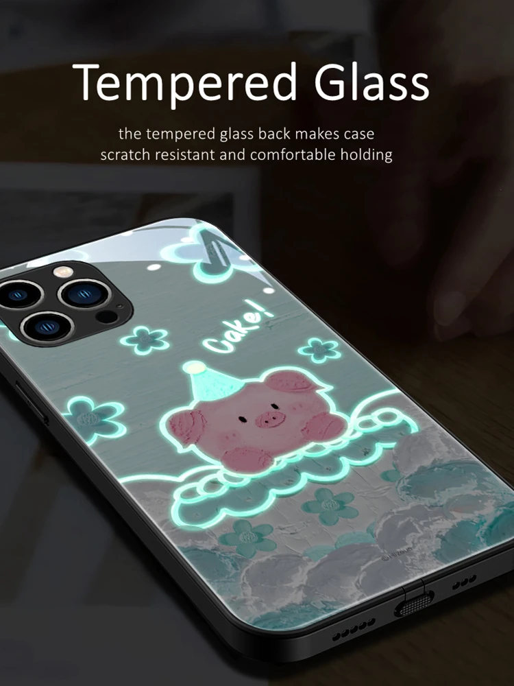 Cute Piggy Cake Birthday Gift LED Light Glowing Luminous Phone Case for Samsung S21 S22 S23 Note 10 20 A14 A54 A73 Plus Ultra