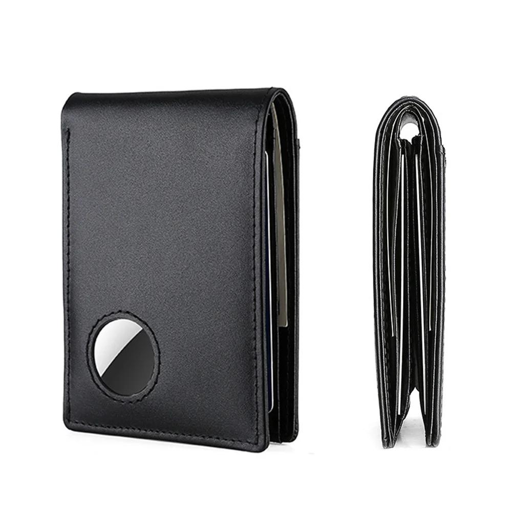 Airtag Business Genuine Cow Leather Men Bifold Thin Wallet RFID Blocking Credit Bank Card Holder with ID Window Male Purse Black