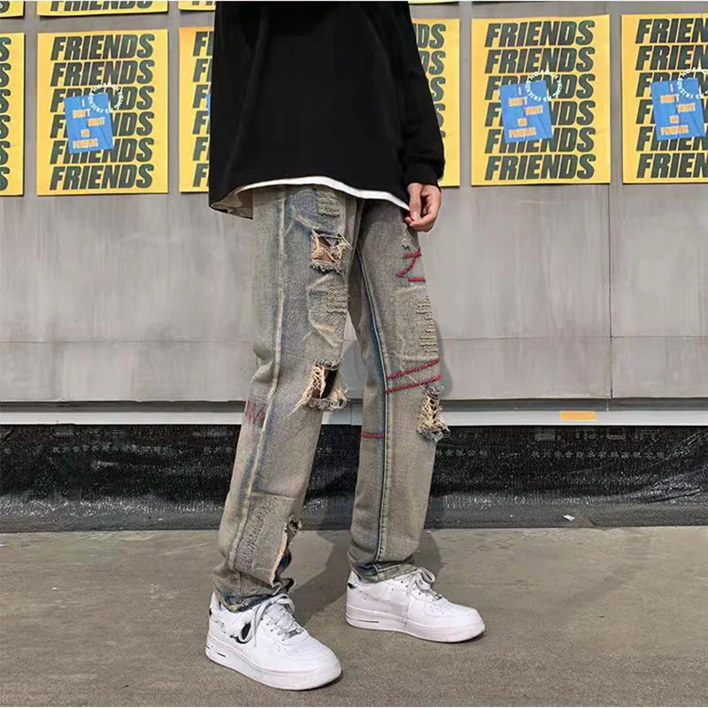 High Street Patch Fog Hole Jeans New Trendy Brand Design Sense NiChe Pants Fried Street Pants Men's Zipper Jeans For Men