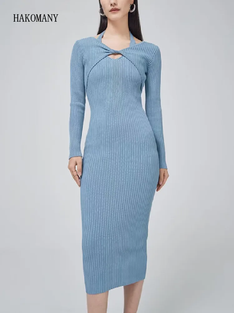 

2022 Women Full Sleeve Stretch Basic Bodycon Midi Long Robe Slim Fit Vestido Sexy Cross Bow Front Halter Knitting Sweater Dress