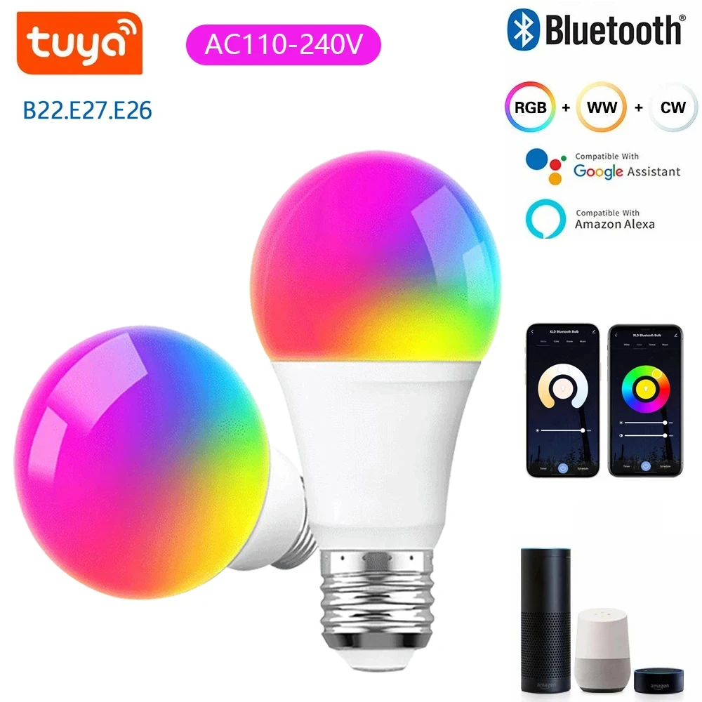 Inteligentna żarówka LED z aplikacją Tuya RGB 2700-6500K Regulowana jasność Smart Life App 9W RGB+CW+WW Oświetlenie do sypial...