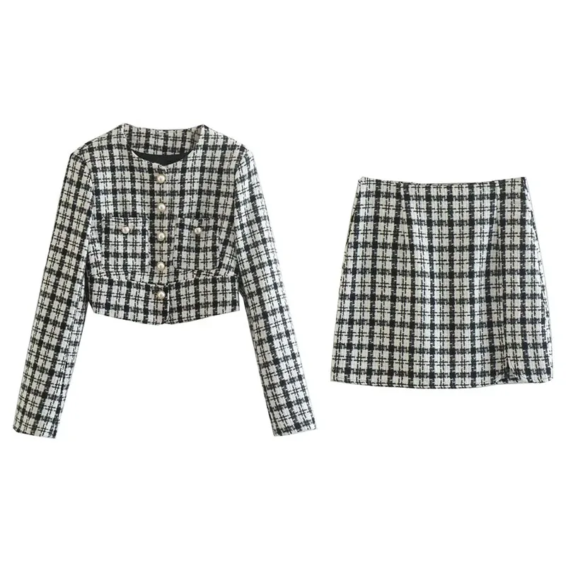 

ZATRHMBM 2022, женское модное черно-белое клетчатое пальто, винтажная верхняя одежда с длинными рукавами и жемчужной пряжкой, Стильные топы