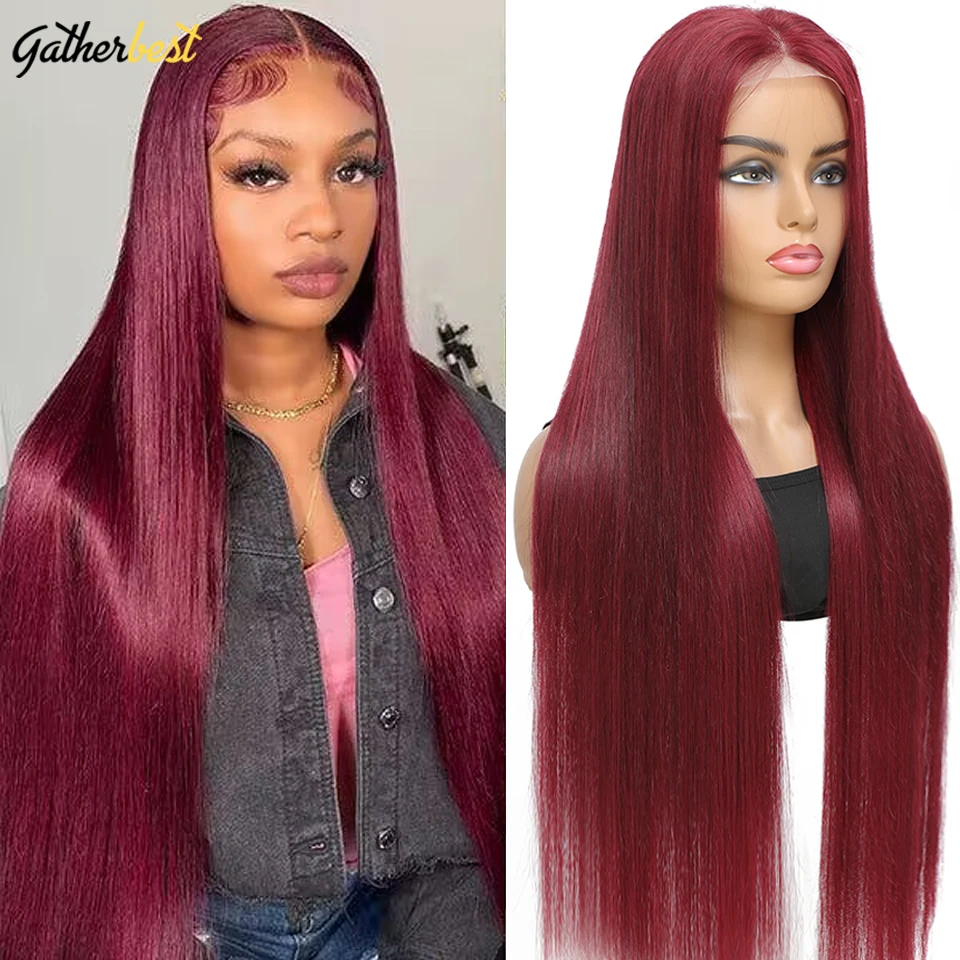 

99J Straight Lace Front Wig Burgundy Remy Human Hair Wig For Women 13x4 Transparent HD Lace Frontal Wig 180% Density Red Wigs