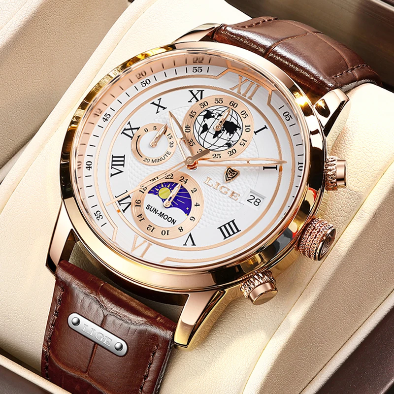 Часы наручные LIGE Мужские кварцевые брендовые Роскошные деловые светящиеся