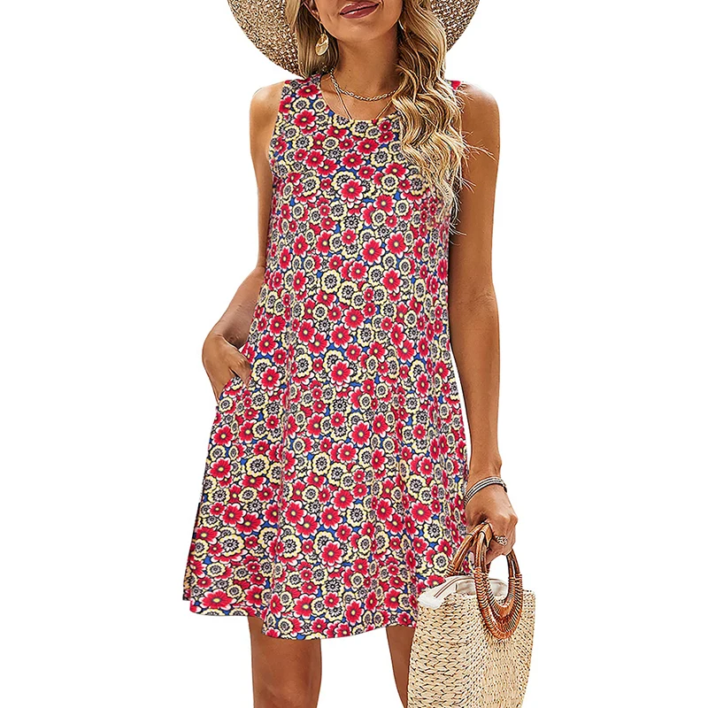 

Summer Fashion Women Dresses 3D Print Beach Floral T-shirt Sundress SleeAveless Pockets Casual Loose Tank Dress Skirt For Women