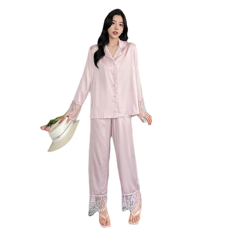 2022 Autumn Ice-Silk Pajamas Women's Long Sleeve Lace Stitching Pajama Set Advanced Home Clothing Satin Luxury Pijama Sexy Mujer