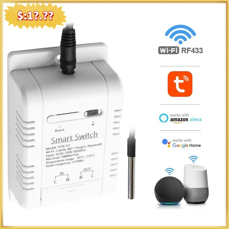 

Tuya Smart Temperature Switch 16A 3000W with Energy Consumption Monitoring RF433 Intelligent Thermostat Compatible with Alexa