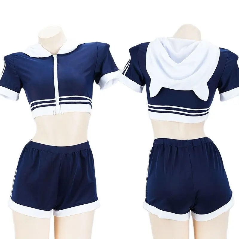 

Спортивная одежда для косплея для девочек с аниме, школьный спортивный комплект униформы JK с коротким рукавом, милые кошачьи ушки, топы с капюшоном и шорты, купальник, Прямая поставка