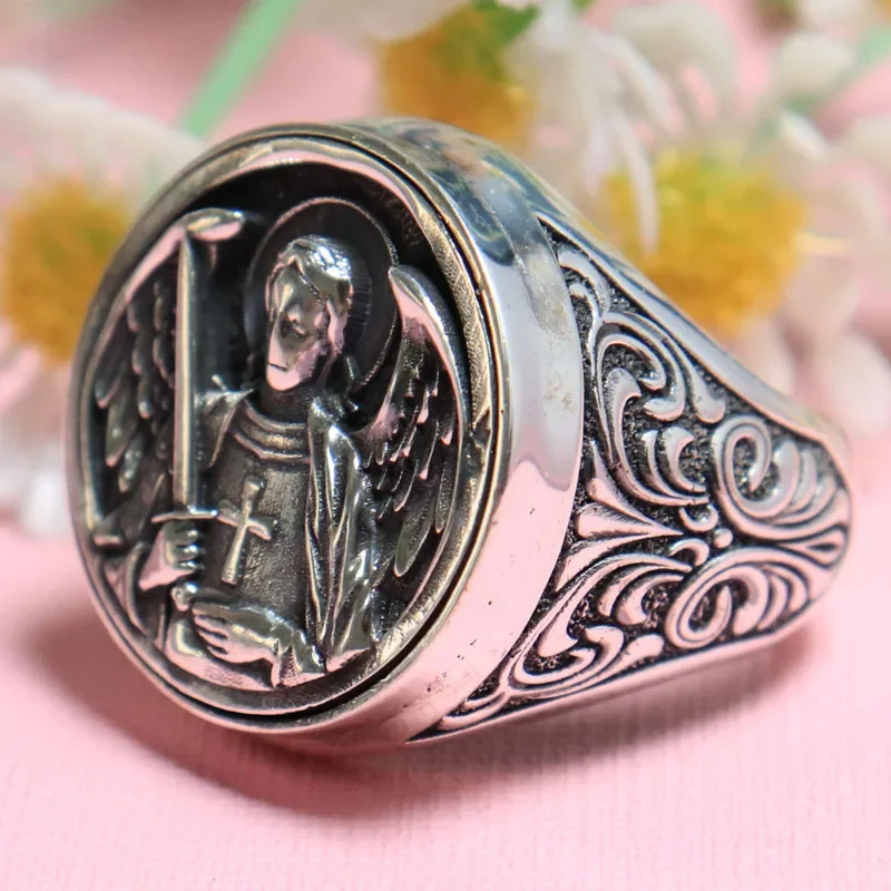 27g Big ARCHANGEL MICHAEL Religious Art Relief Gold Rings Customized 925 Solid Sterling Silver Many Sizes 6-13