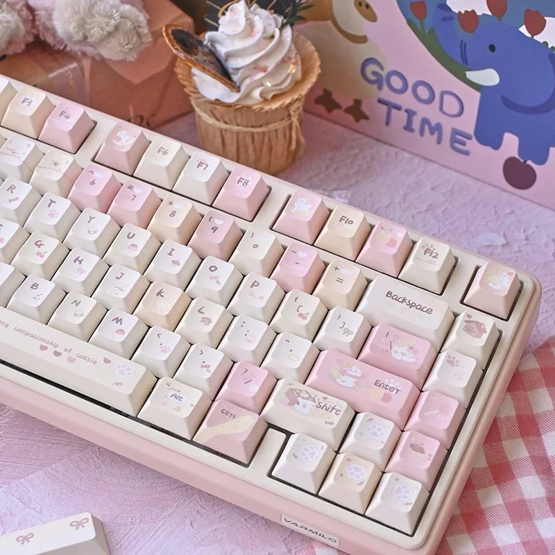 Фото Karami Keycap пятисторонняя термосублимация PBT Материал 131/138 клавиш Вишневый профиль розовые милые колпачки для механической клавиатуры №2