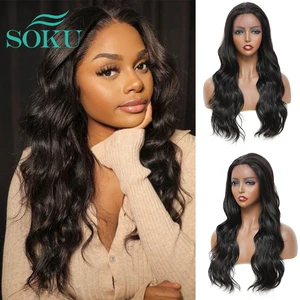 Synthetic Lace Wig Long Body Wavy With Baby Hair Black Wavy For Black Women Free Part Wig Daily Heat Resistant Fiber Hair SOKU