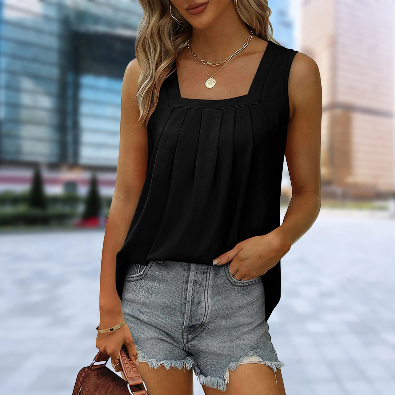 

Summer Simple Casual Sleeveless Vest Fashion Pleated Square Collar T-shirt Temperament Solid Color Basic Daily Blouse 2023