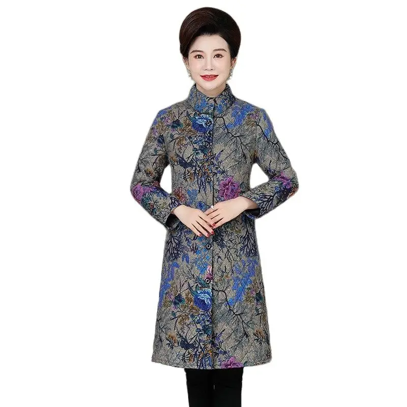 

New coat female Autumn Winter Loose size printing Cotton clothing coat Middle age clothes long Outerwear Thicken Cotton jacket