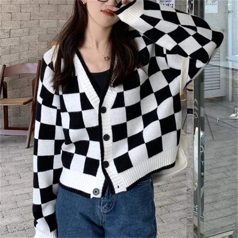 

Женский трикотажный кардиган с длинным рукавом, Повседневный Кардиган в клетку с V-образным вырезом, Корейская модель 2022