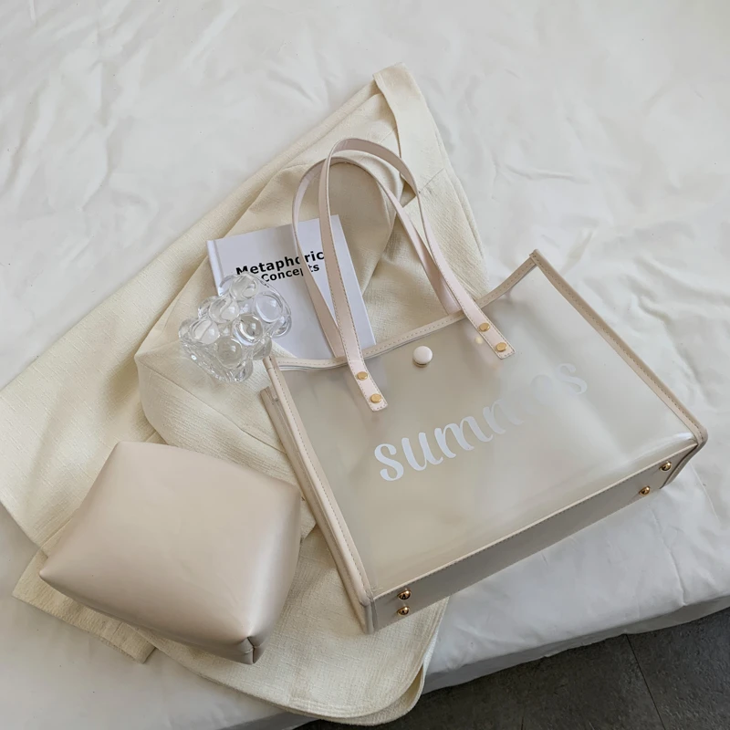 

Women's Summer Handbag Trend 2022 White Clear Frosted Tote Bag with Wallet Large Waterproof PVC Beach Shoulder Bag