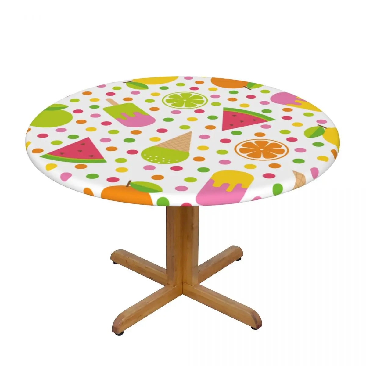 

Round Table Cover Cloth Protector Polyester Tablecloth Colorful Geometric Fruit Dessert With Dots Table Cover with Elastic Edged