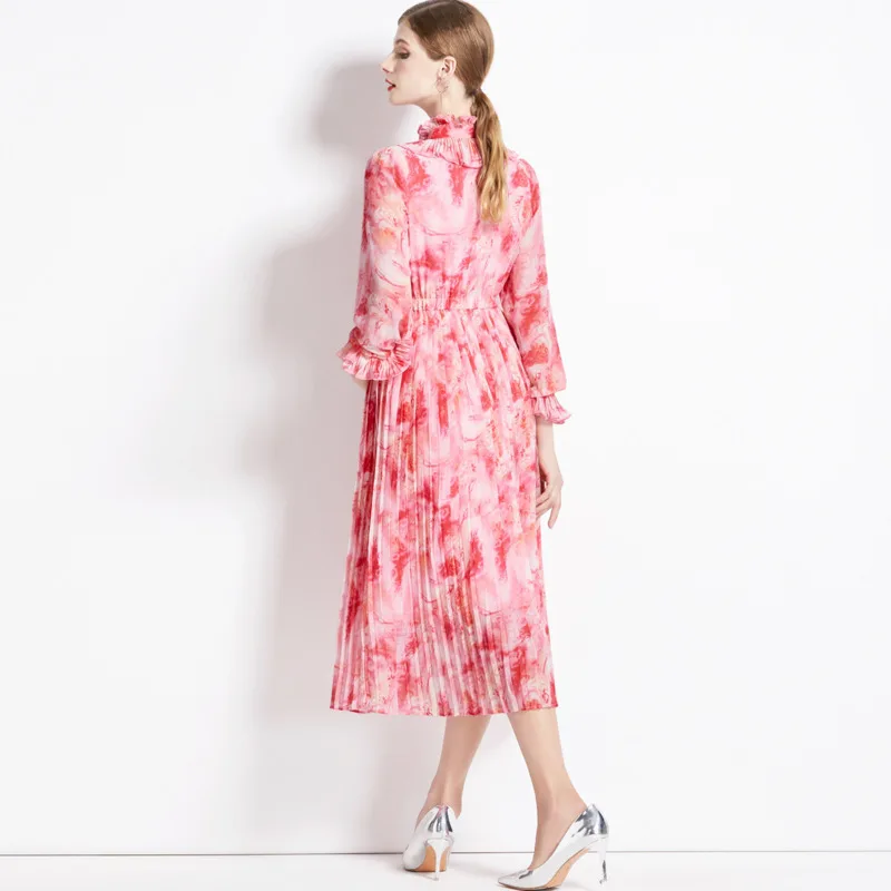 # 2338 Платье миди с рюшами и воротником-стойкой винтажное платье трапециевидной