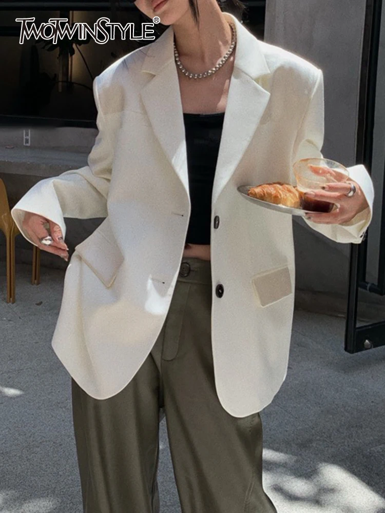 

TWOTWINSTYLE Solid Minimalist Blazers For Women Notched Collar Long Sleeve Patchwork Single Breasted Casual Chic Blazer Female