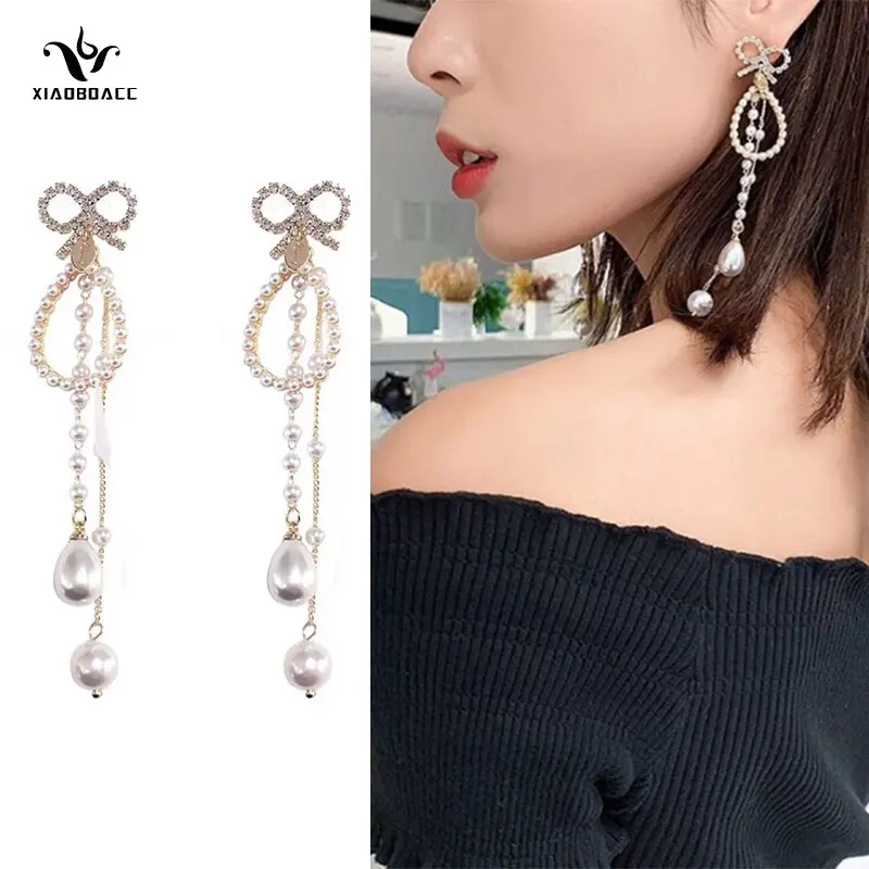 

XiaoboACC 925 Silver Needle Bowknot Pearl Earrings for Women Fashion Rhinestone Wedding Party Long Tassel Earring Jewelry