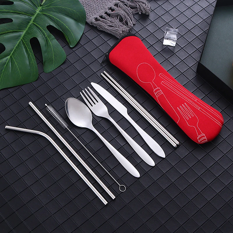 

8Pc Portable Lunch Tableware Cutlery Set Stainless Steel Spoon Fork Travel Outdoor Knife Tableware Dining Canteen Dinnerware Set