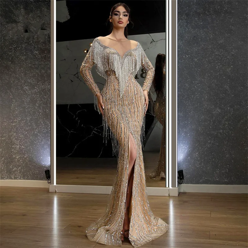

Dubai Champagne Evening Dresses Split 2022 Royal Formal Gowns Long Sleeves Bead Tessal Gorgeous vestidos elegantes para mujer