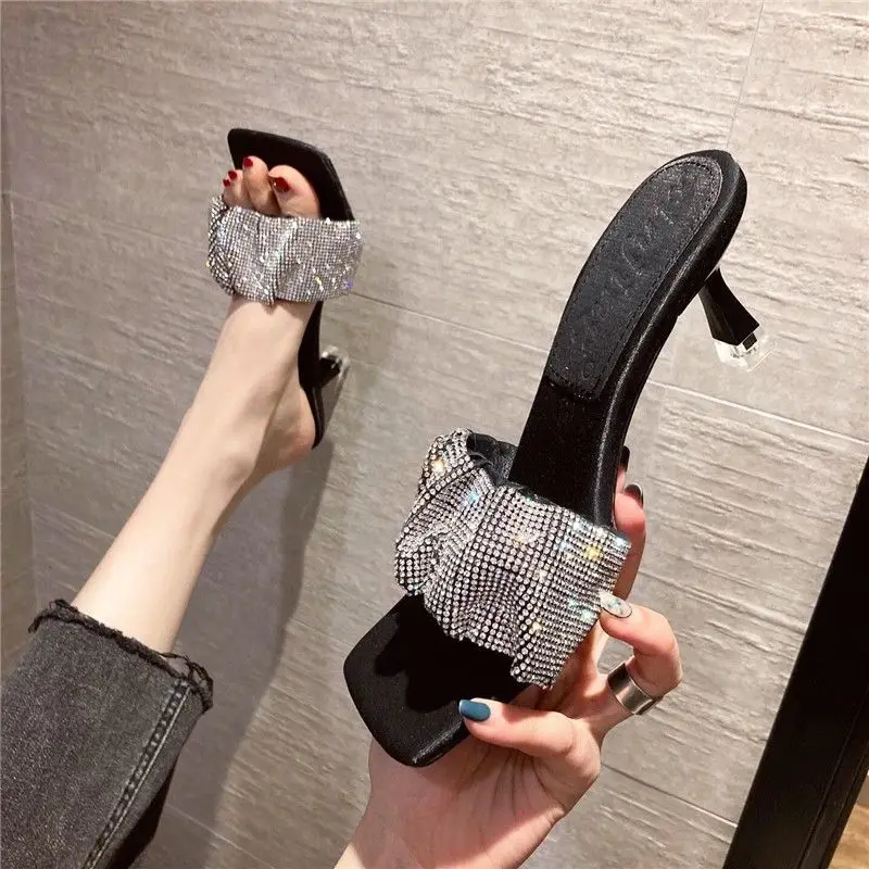 

2022 Versatile New Rhinestone Ankle-Strap Open Toe Sandals Internet Celebrity French High Heels Women's Stiletto Heel Black