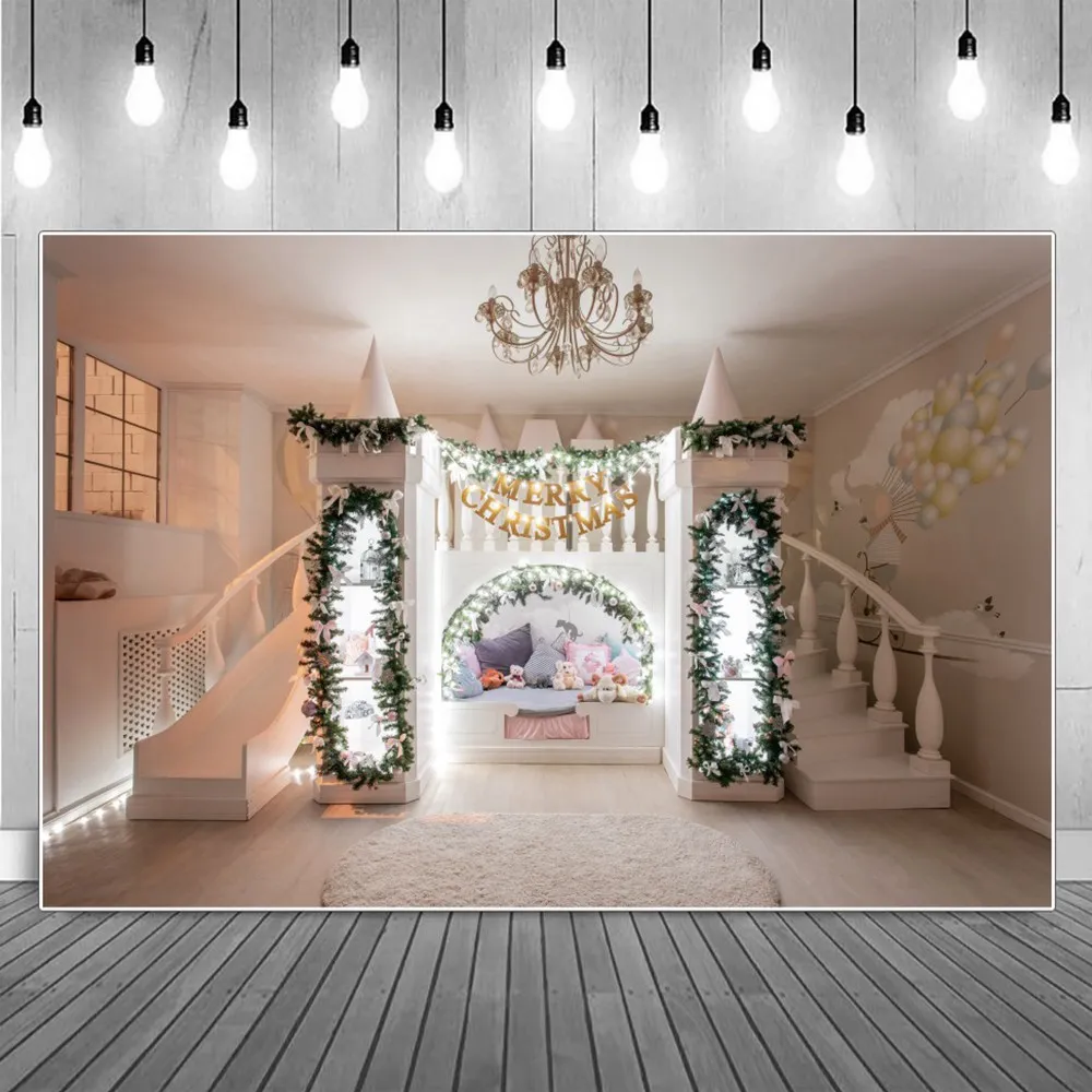 

Merry Christmas Children Bedroom Photography Backdrops Spiral Stair Castle Slide Lamps Wreath Party Decoration Photo Backgrounds