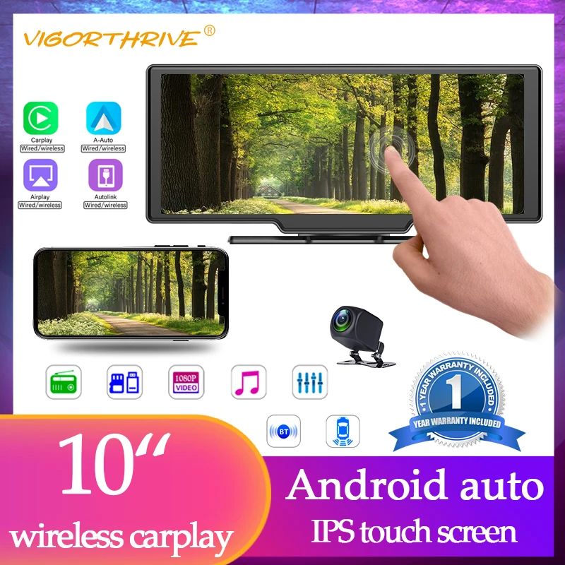 

10''Car Monitor AHD Android Auto/Autolink Portable Built-in DVR IOS Carplay/Mirror FM Reversing Video AUX Bluetooth 5.0 Wireless