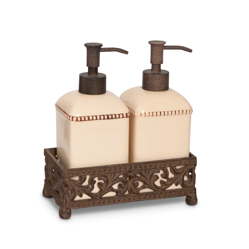 

Scrolled Acanthus Leaf Cream Ceramic Soap & Lotion Set With Metal Base Holder