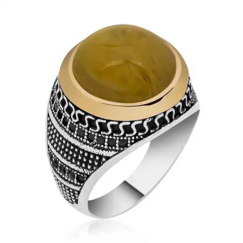 

Tevuli 925 Sterling Silver Spin Amber Stone Men 'S Ring