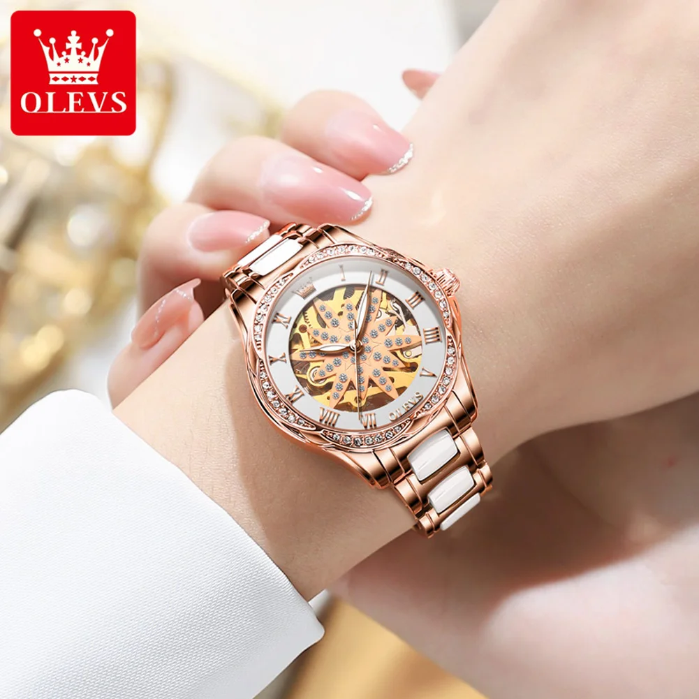 OLEVS Fashion Women Automatic Mechanical Watch Top Brand Luxury Ceramics Strap Waterproof Wrist Watch Ladies Skeleton Clock enlarge
