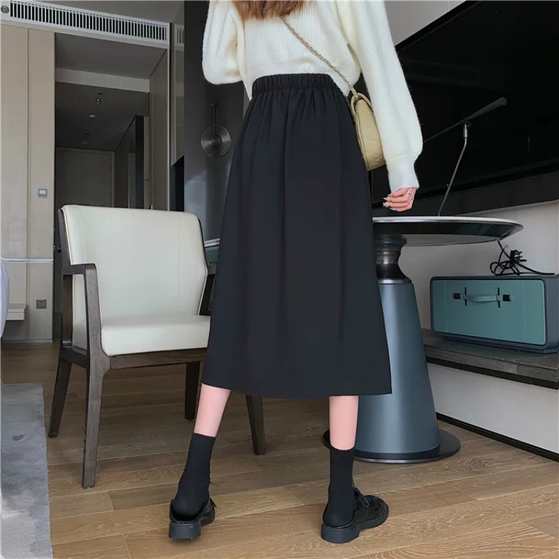 Black Skirts Women Mid-calf College A-line High Waist Korean Style All-match Friends Streetwear Chic Female Bottom Юбка Женская