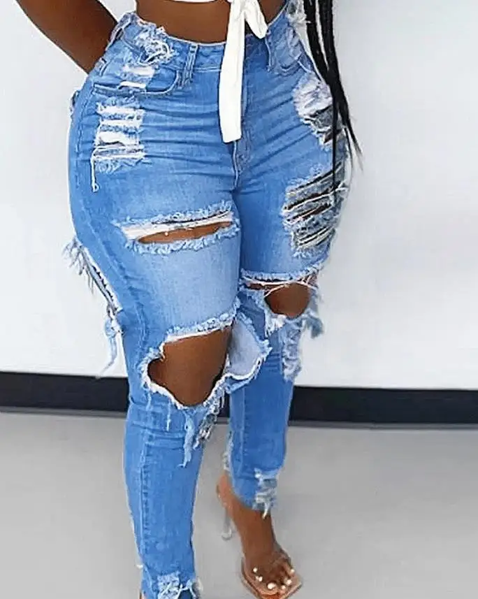 Jeans Women 2023 Spring Fashion Trend Ripped Cutout Casual High Waist Skinny Daily Long Jeans
