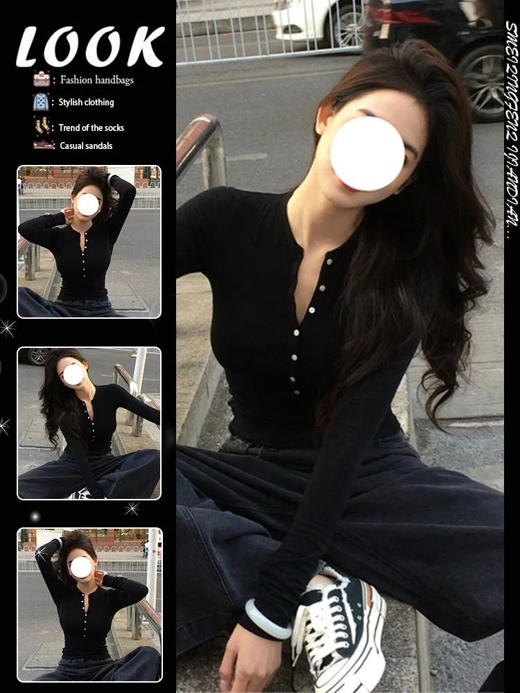  Черная утягивающая рубашка с длинными рукавами на пуговицах Ouyang Nana Same Sle женская