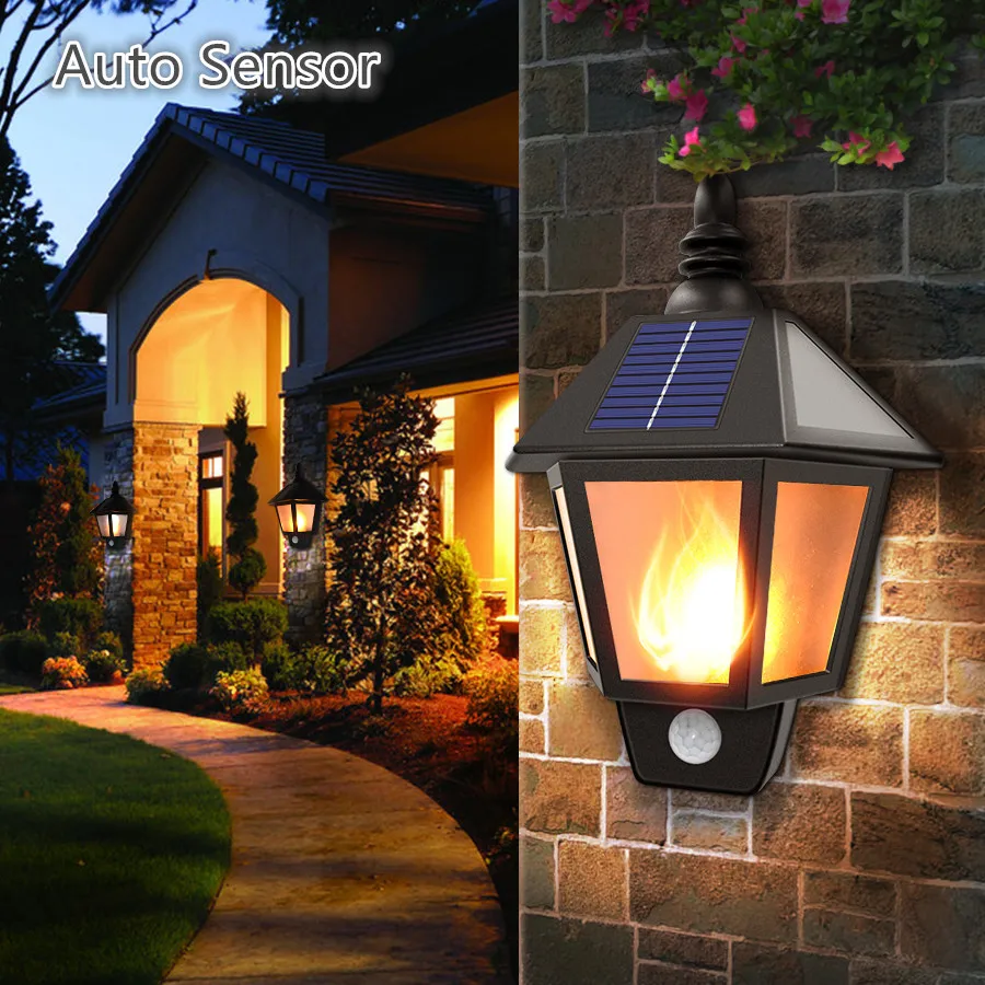 

Auto Sensor Solar Flame Flickering Dancing Wall Lamp Outdoor Waterproof LED Solar Landscape Decoration Lighting Security Light