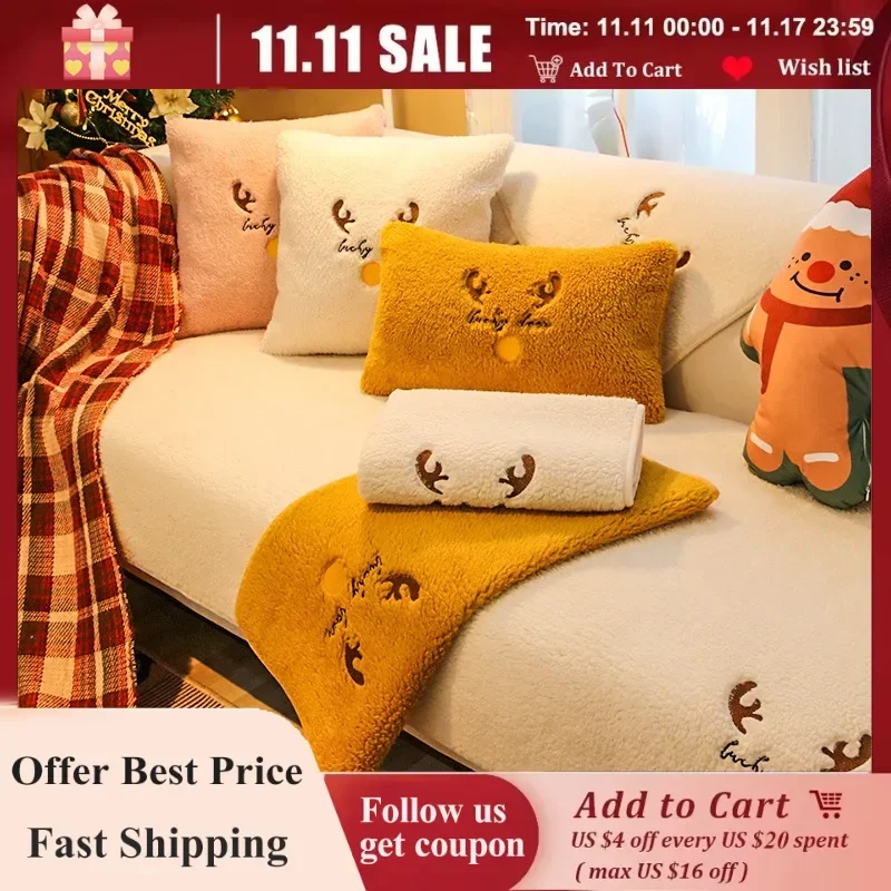

Thicken Lamb Plush Sofa Cover for Living Room Non-Slip Soft Sofa Cushion Winter Warmth Sofas Backrest Armres Towel Couch Covers
