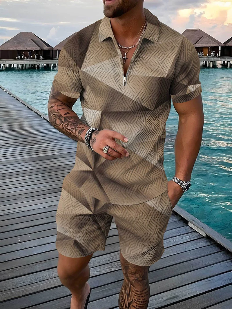 Summer Short sleeved Polo Shirt Beach Shorts 2 Piece Sets Tracksuit Men's Oversized 3D Printed Casual Sports Suit