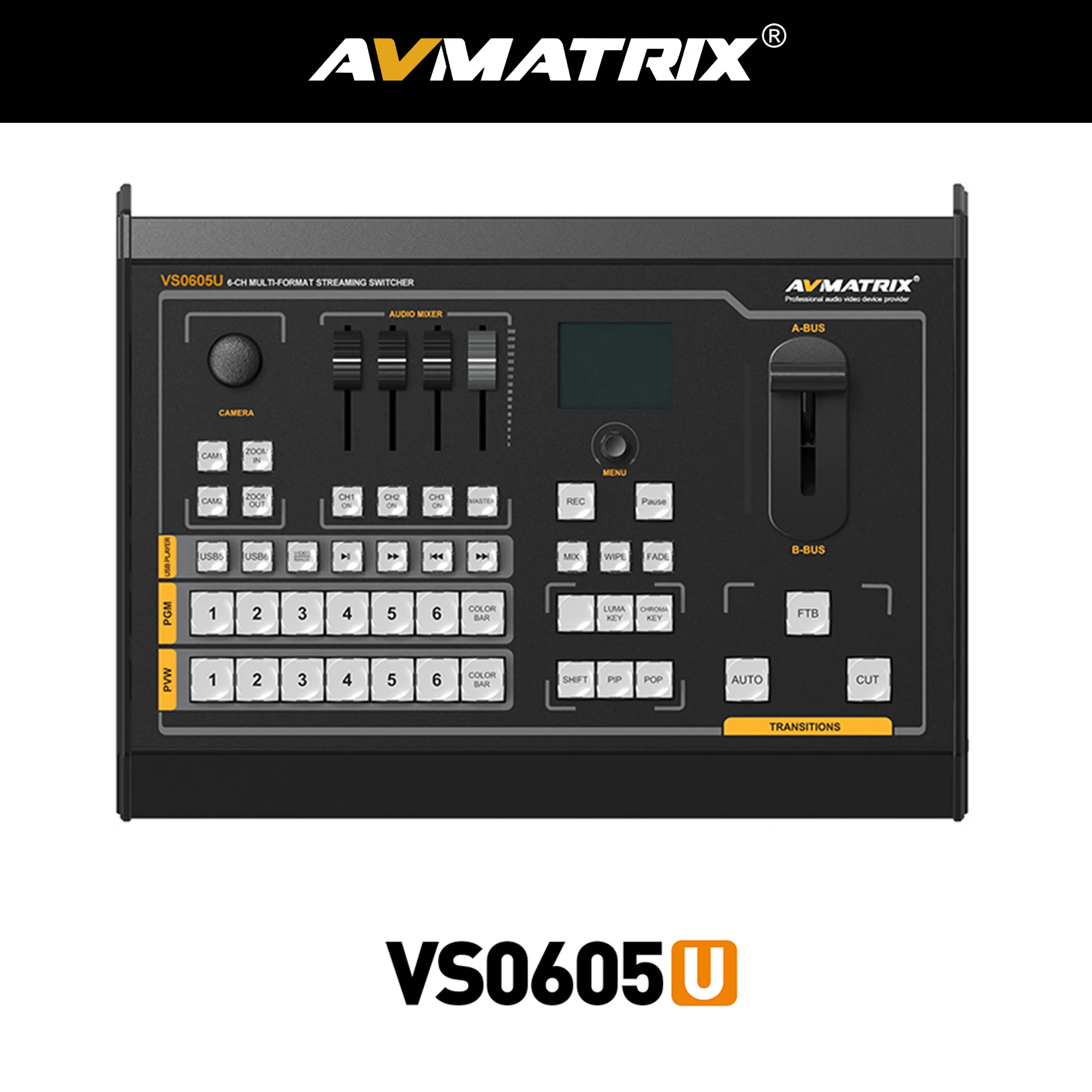 

Avmatrix VS0605U 6 CH Inputs Multi-Format Streaming Switcher With PiP&PoP mode, Audio Mixer Chroma/Luma Key, Record PGM