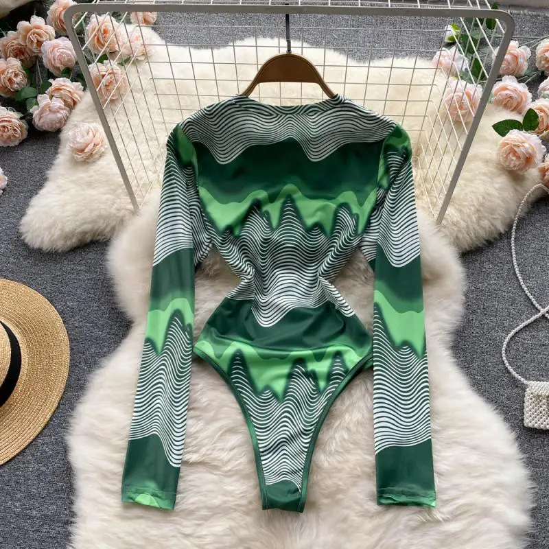 Women's Fashion Corrugated Printed Skinny Versatile Playsuits 2022 Summer New Round Neck Long Sleeve Slim Fit Rompers Ladies