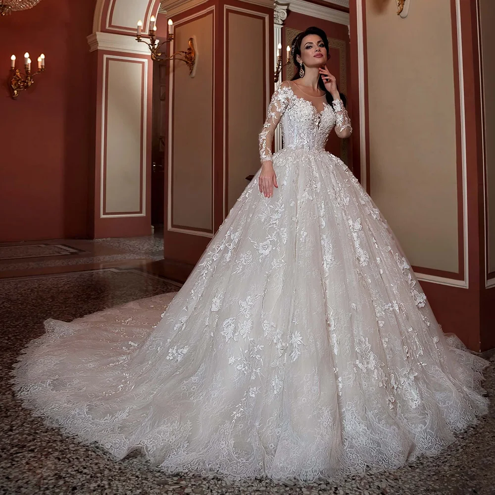 

Gorgeous Lace Applique Robe De Mariage Ball Gown Wedding Dress Long Sleeve Abito Da Sposa Vestidos De Novia Bride Dresses