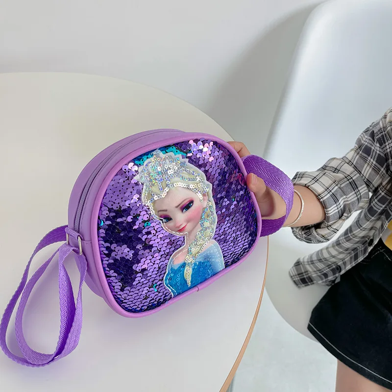 Disney Princess Series Crossbody Bags Frozen 2 Elsa Sofia Cartoon Shoulder Bag for Girls Fashion Sequins Handbags Kids Gifts images - 6