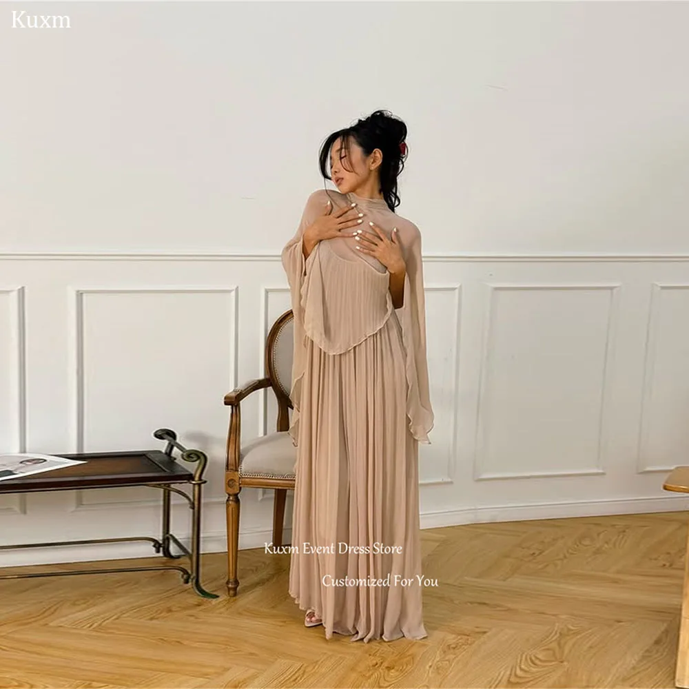 Фото Платье Kuxm с вырезом-лодочкой, силуэт А-силуэта, для гостей на свадьбе, на тонких бретельках, шифоновое, вечернее, длиной до пола, с лентой, элегантное, на заказ. №1