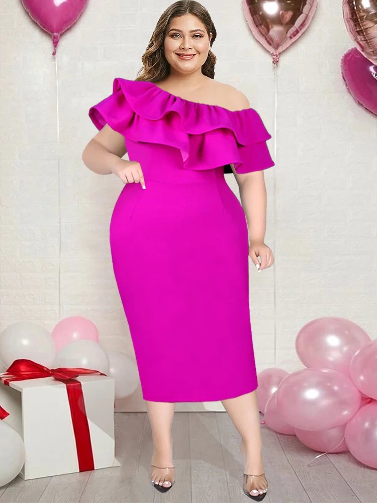 Plus Size Off Shoulder Dress Women One Shoulder Fuchsia Sleevless Gowns Ruffle Sexy Bodycon Midi Dress Evening Party Summer 4XL