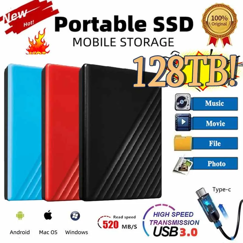 Portable SSD 128TB 1TB 2TB High-speed Mass Storage USB 3.0 Original External Hard Drive Interface for Laptops Computer Notebook