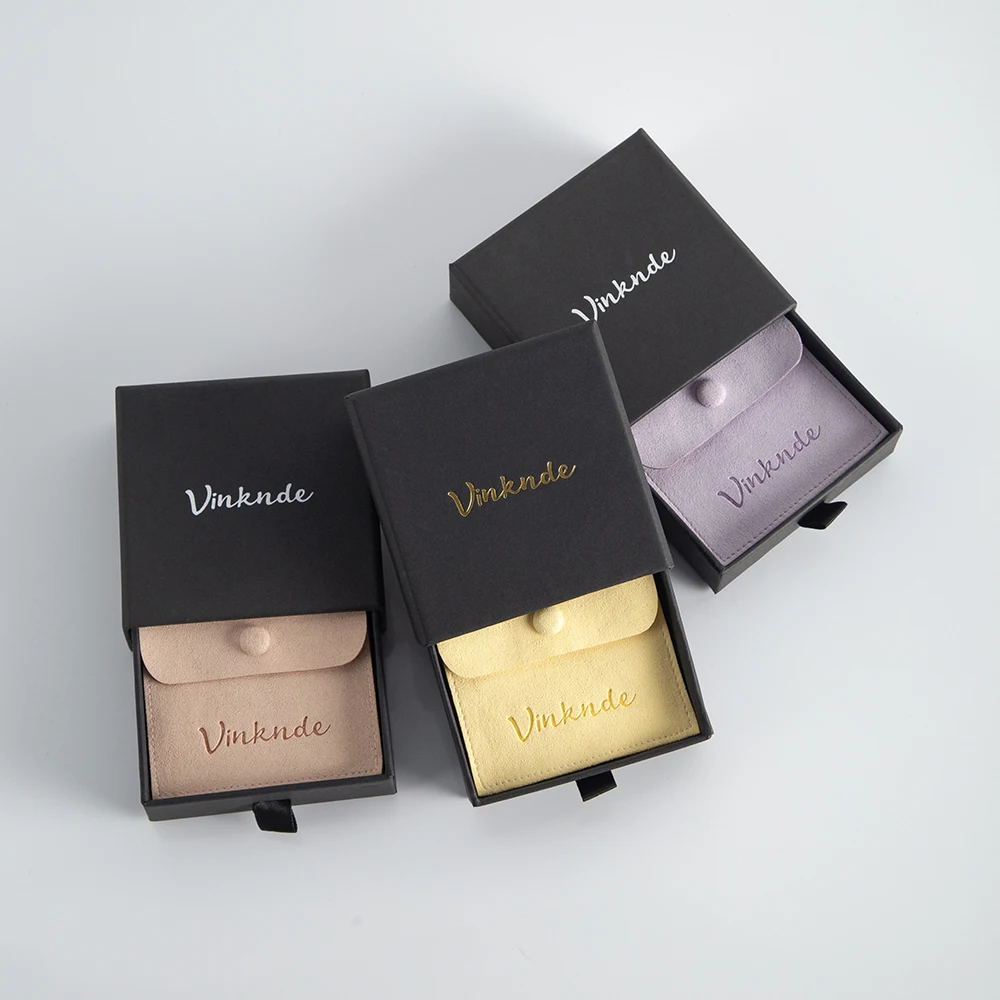 Black Drawer Box Suede Gift Button Pouches Custom Logo Jewelry Packaging Organizer Case Bags Wedding Party Gift Boxes Pouches