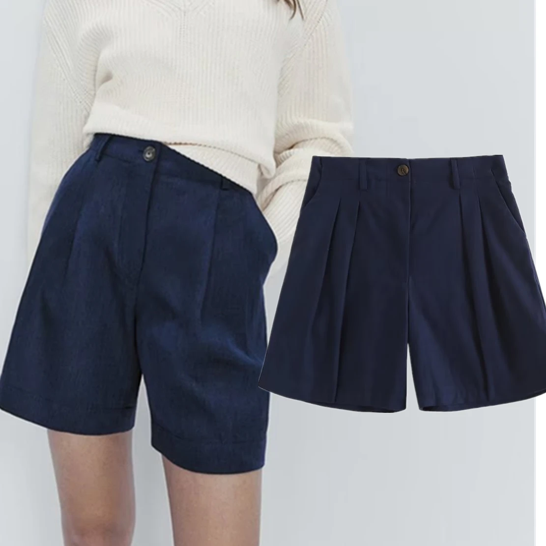 Elmsk England Fashion Indie Folk Linen Bermuda High Wasit Navy Color Casual Straight Shorts Women