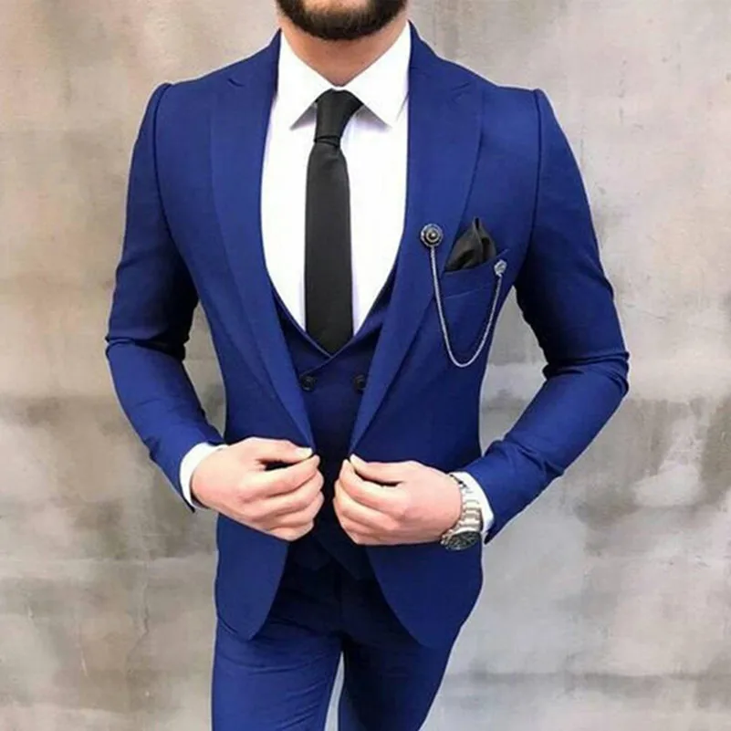 

New Fashion Royal Blue Peak Lapel Men Tuxedos 3 Piece Slim Fit Tailor Made Groom Wedding Suits Jacket Pants Vest Costume Homme