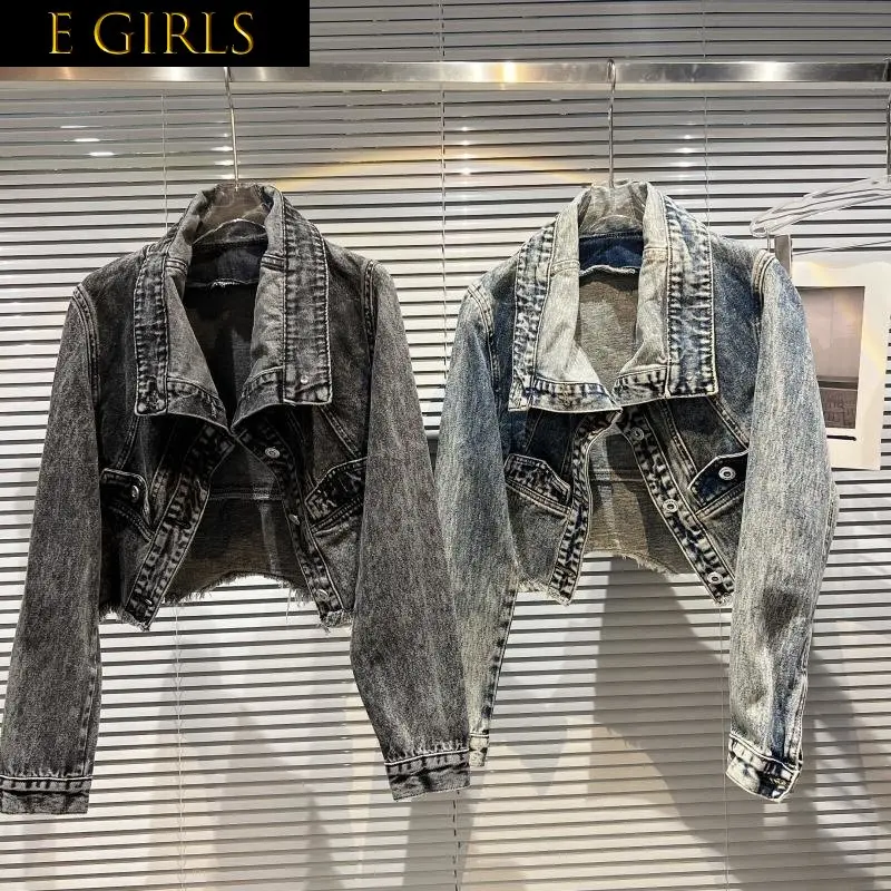 J GIRLS 2022 Autumn New Arrivals Long Sleeve Turn Down Collar Ripped Vintage Short Denim Jacket Women GG063