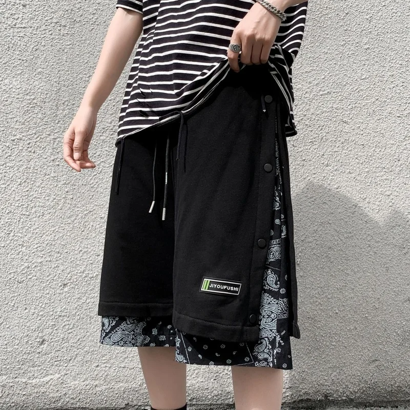 

Paisley Stitching Breasted Shorts Men's Loose Trendy Summer Thin Fake Two-Piece Over-the-Knee Casual Five-Point Pirate Shorts